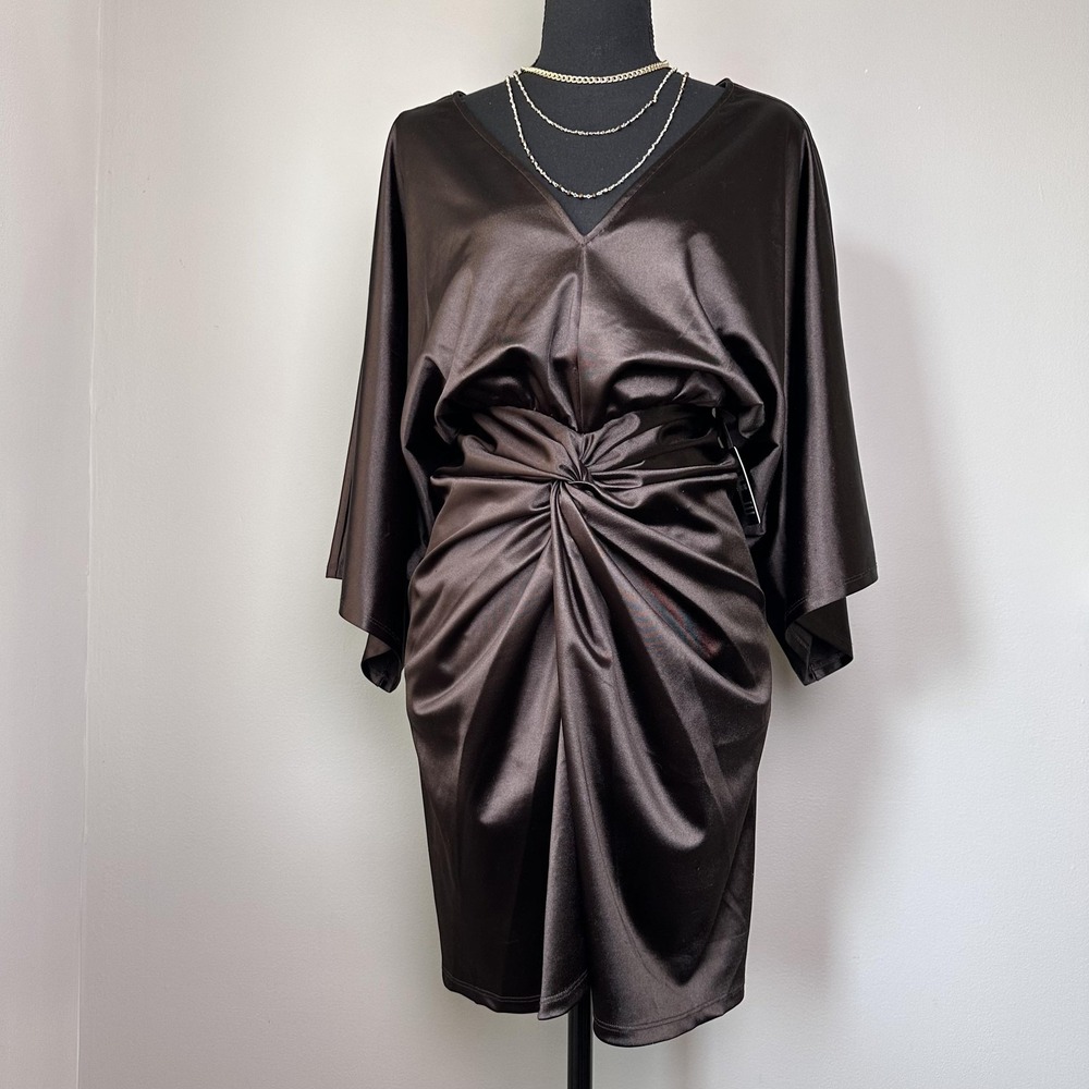 Express Dress‎ Women XS Brown Satin Ruched Twist Front Kimono Sleeve V-Neck Mini